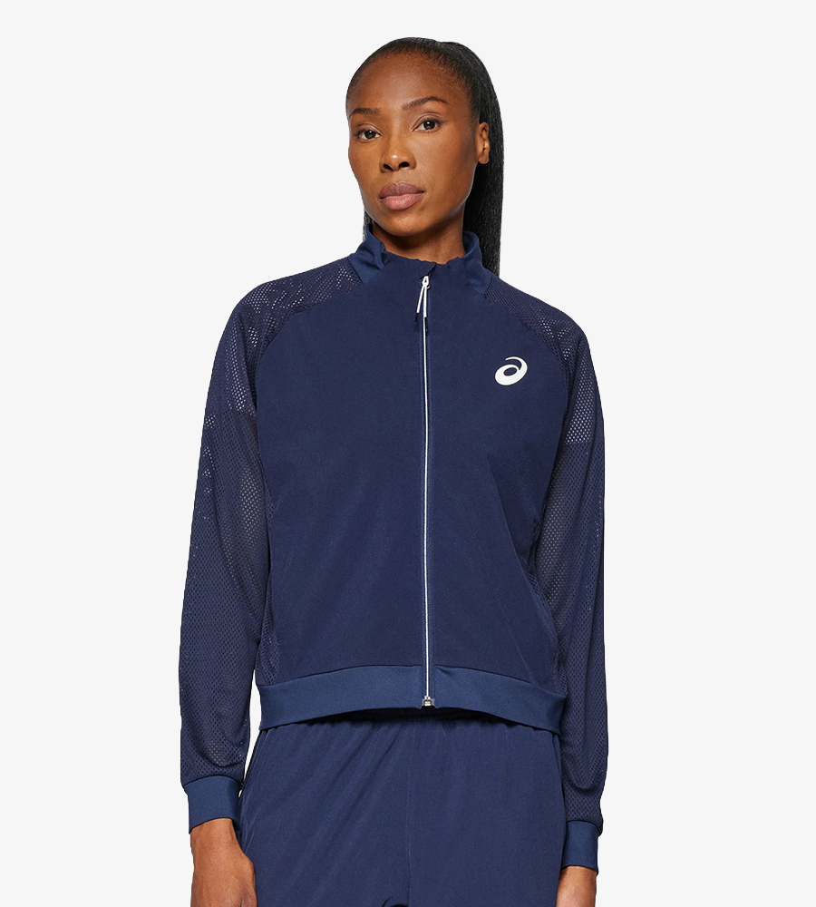 Asics Women's Match Jacket navy, breathable tennis activewear with mesh panels for optimal court performance in HK.
