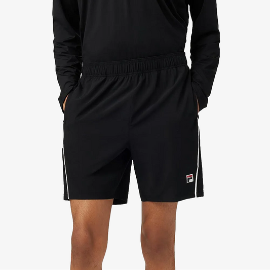 Fila men's black stretch woven 7" tennis shorts, moisture-wicking activewear for court performance in Hong Kong.
