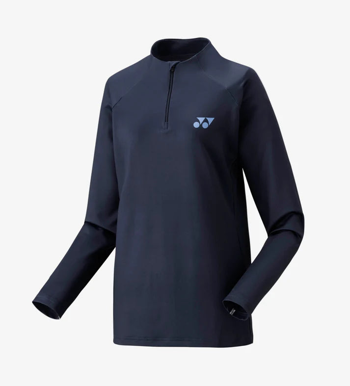 Front view of a navy blue Yonex women's long sleeve half-zip performance shirt with light blue logo.